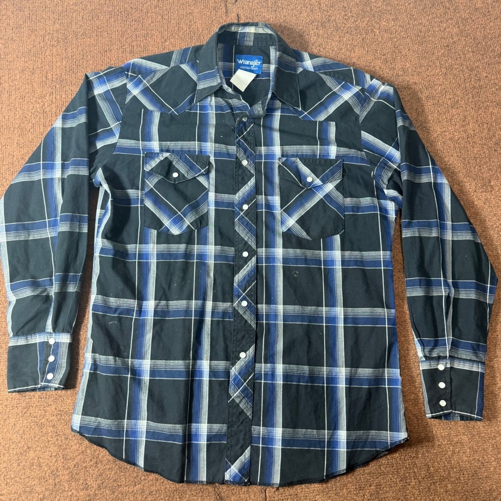 Wrangler Western Shirt‎ Mens Large Blue Black Plaid Pearl Snap Long Sleeve Yoke
